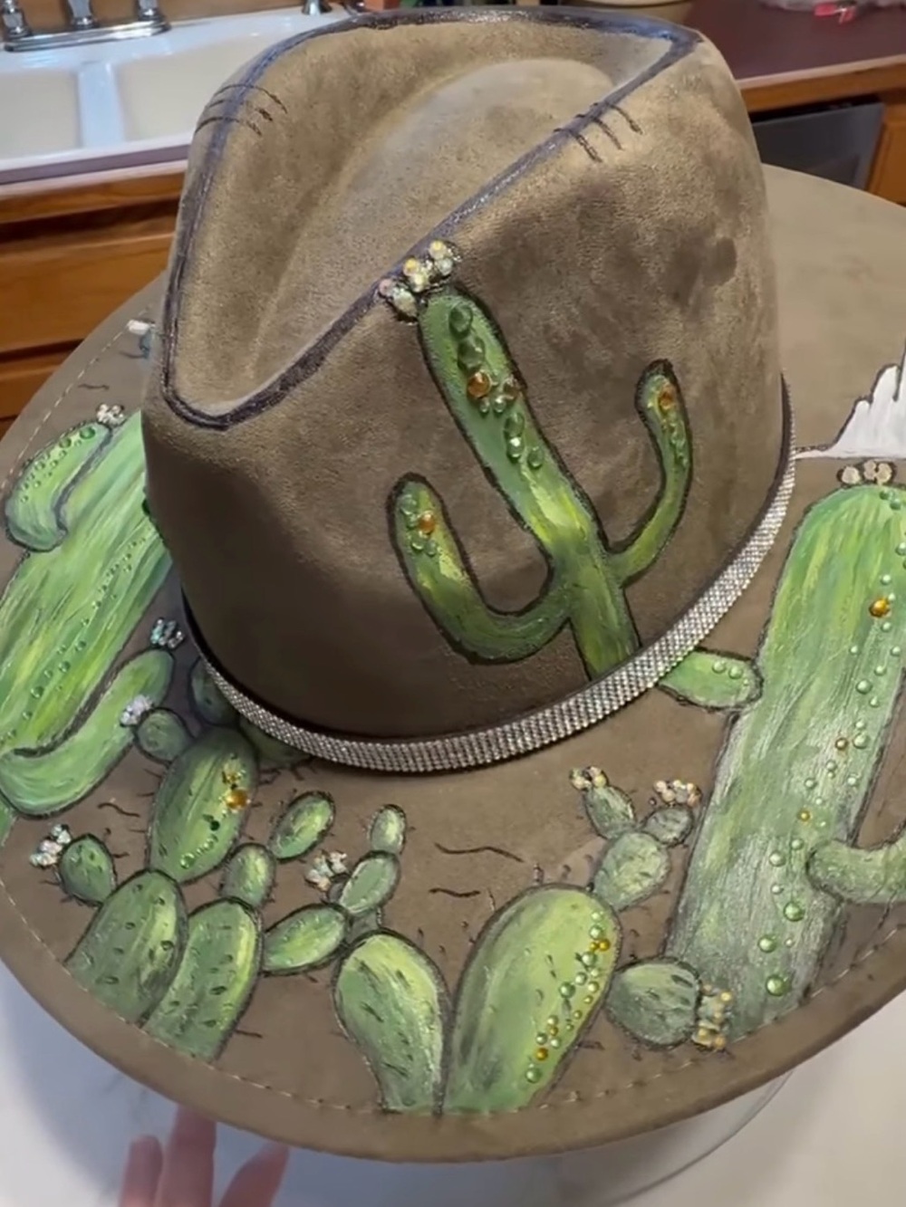 Hand-Painted Green Cactus Suede Cowboy Hat with Rhinestone Band